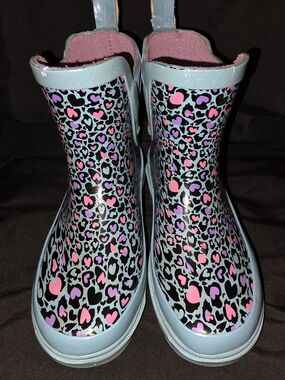 Girls' Light Blue Heart Leopard Rain Boots with Pink & Purple Accents